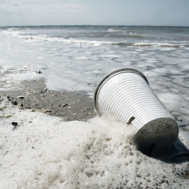 Plastikbecher und Plastikmüll am Strand