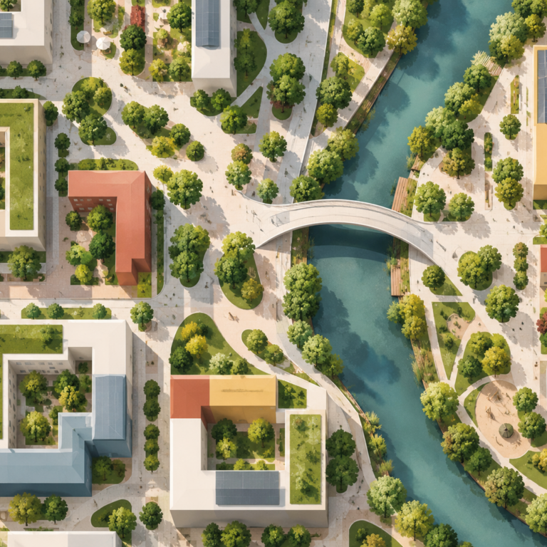 Urbaner Masterplan mit Fluss und Brücke-1